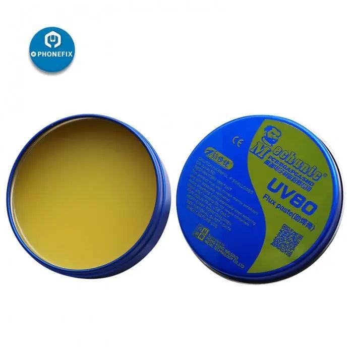 PhoneFix rosin-based tin flux paste cream for phone PCB welding repair, close-up of the solder paste in a small container.