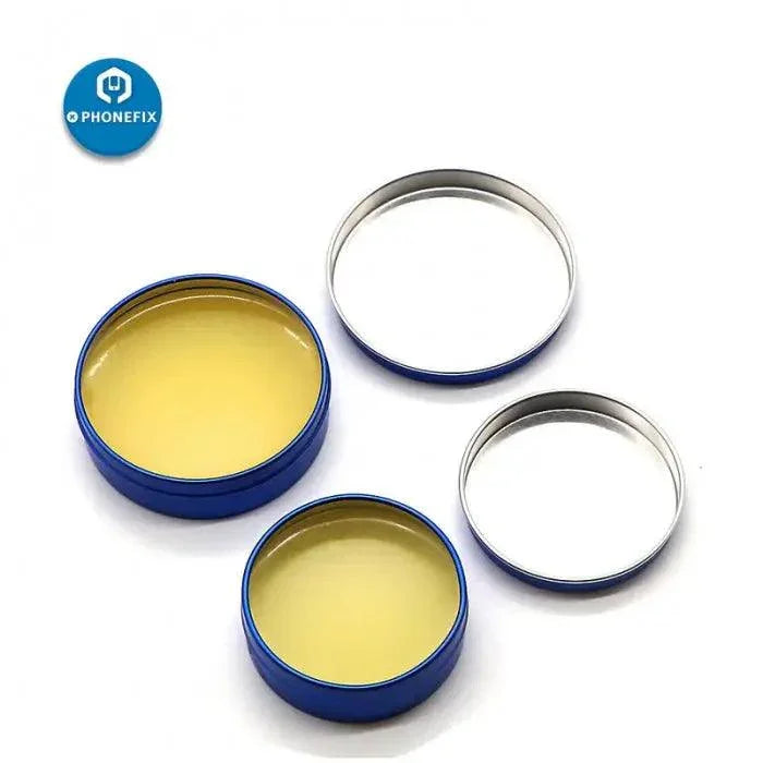 PhoneFIX solder paste UV50, 40g, rosin-based tin flux cream for phone PCB welding repair, showing the tube and application area.