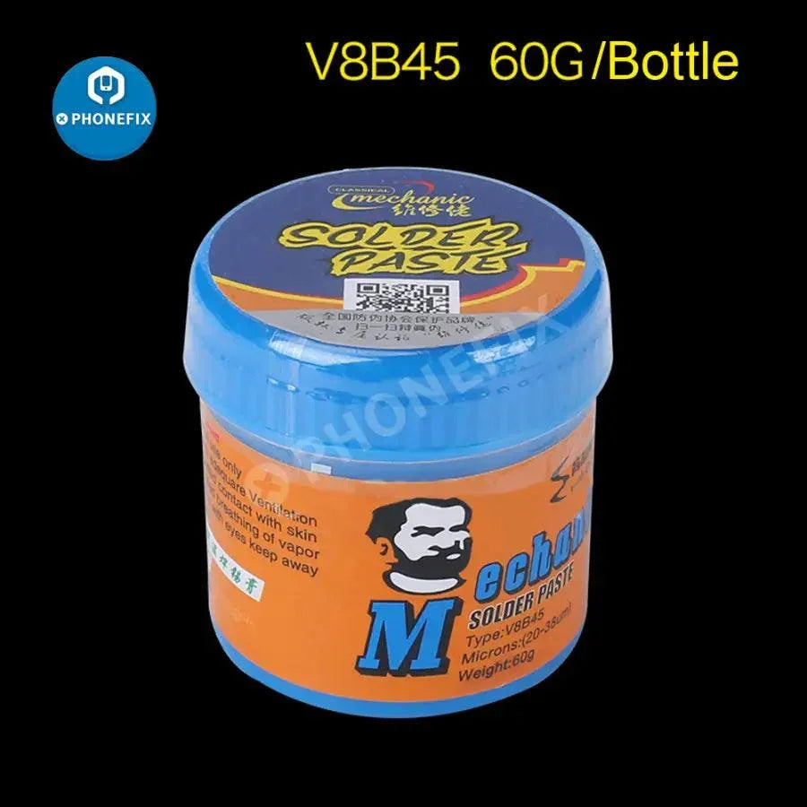 PHONEFIX mechanic 138℃ low-temperature BGA solder paste applied for PCB rework and soldering, showing a close-up of the soldering tin cream.