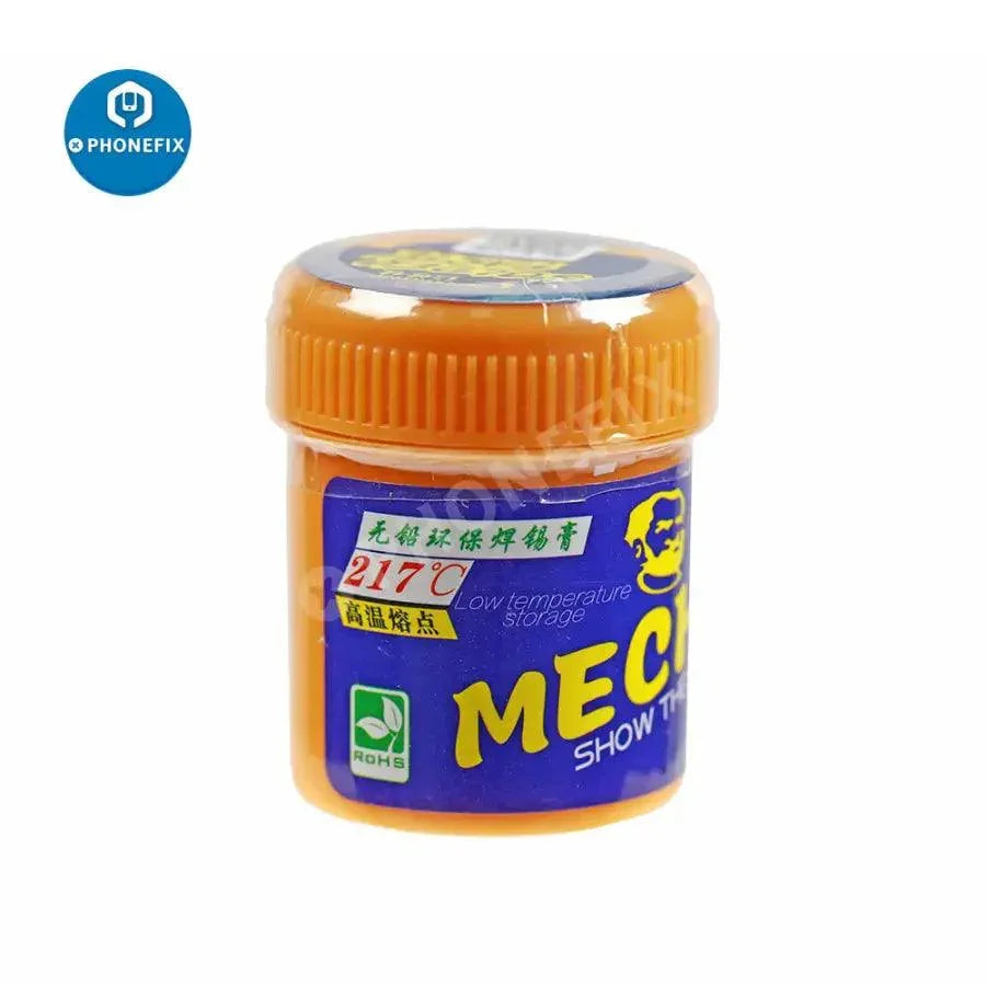PhoneFix 42g leaded stencil liquid solder paste for BGA welding, shown in a mechanic applicator with precise measurement.