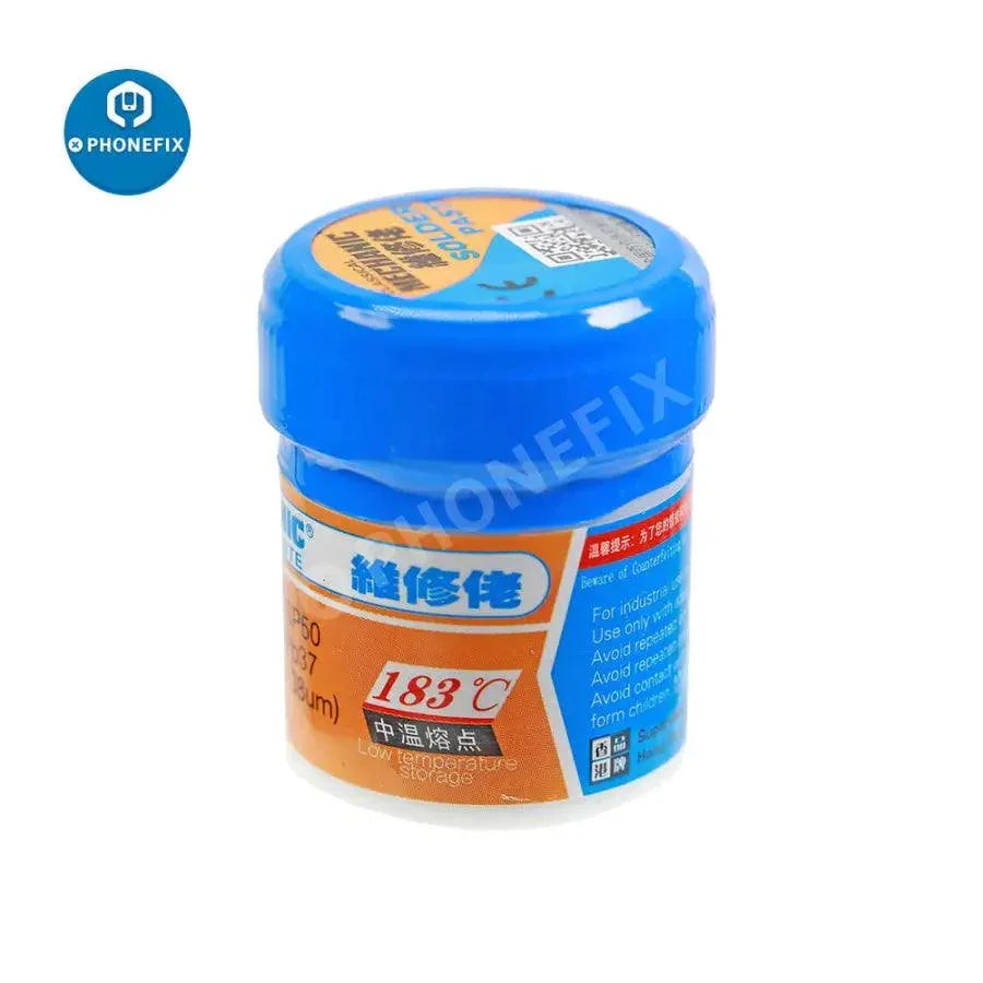 PhoneFix 42g leaded stencil liquid solder paste for BGA welding, shown in a professional mechanic application.
