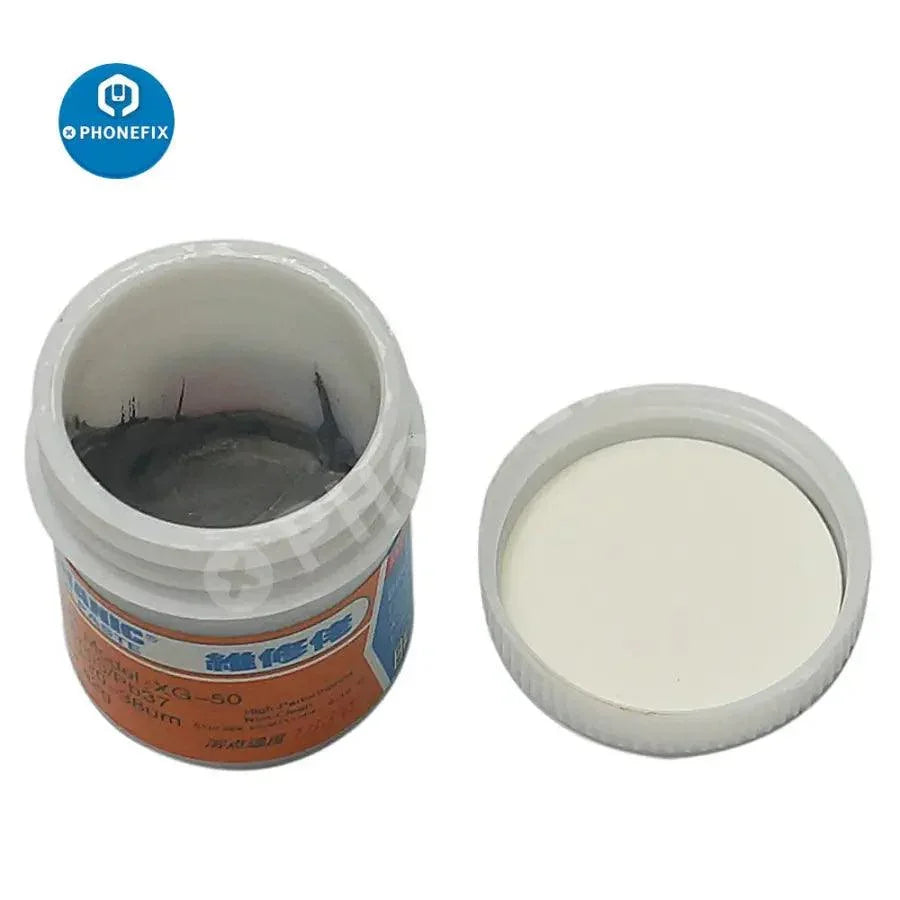 Phonefix 42g leaded stencil liquid solder paste for BGA welding, shown in a professional mechanic tool application.