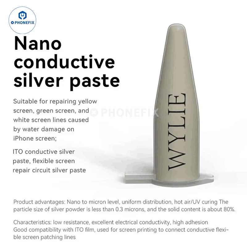 PhoneFIX nano conductive silver paste for iPhone screen flex circuit repair, shown in a small tube with silver paste.