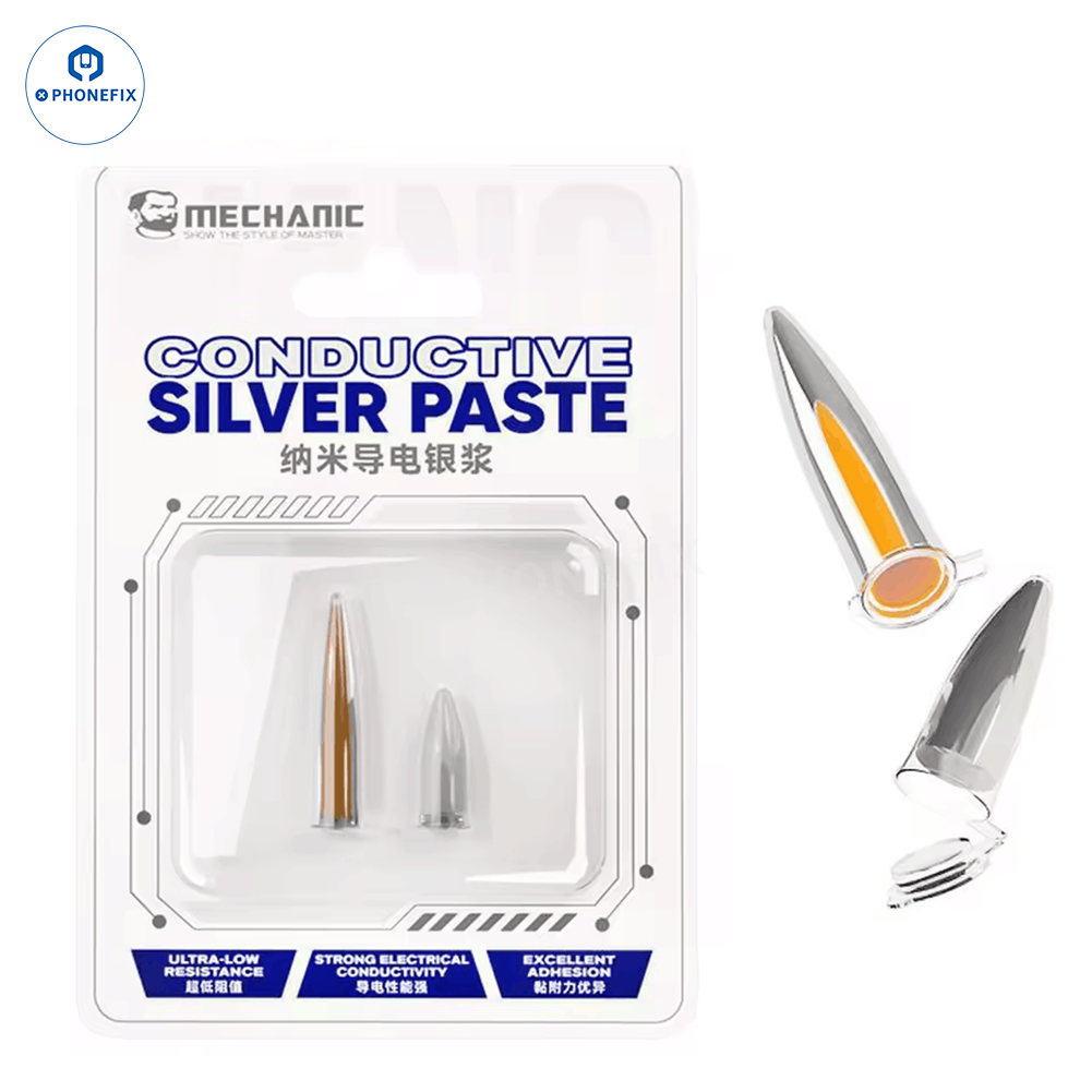 Phonefix nano conductive silver solder paste for iPhone screen flex circuit repair, showing the small container of silver paste.