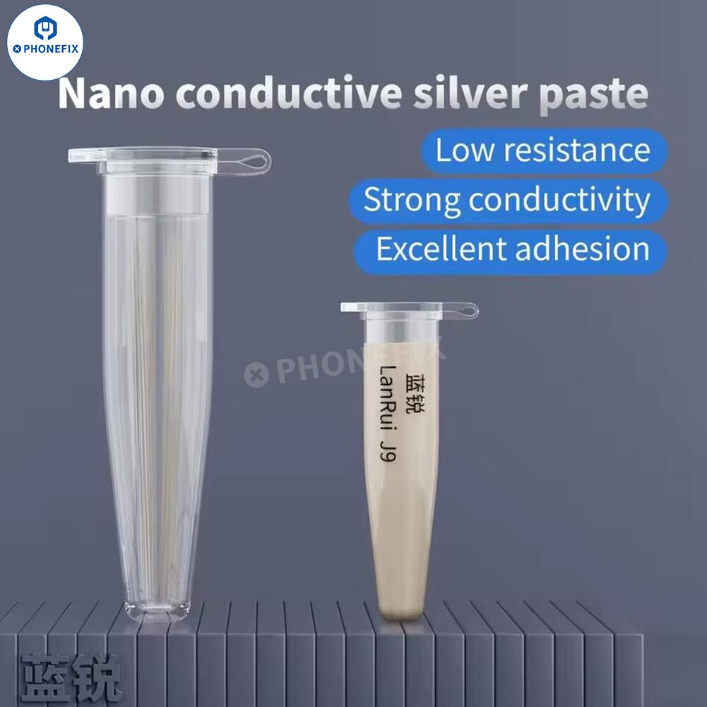 PhoneFix nano conductive silver solder paste for iPhone screen flex circuit repair, shown in a small container.