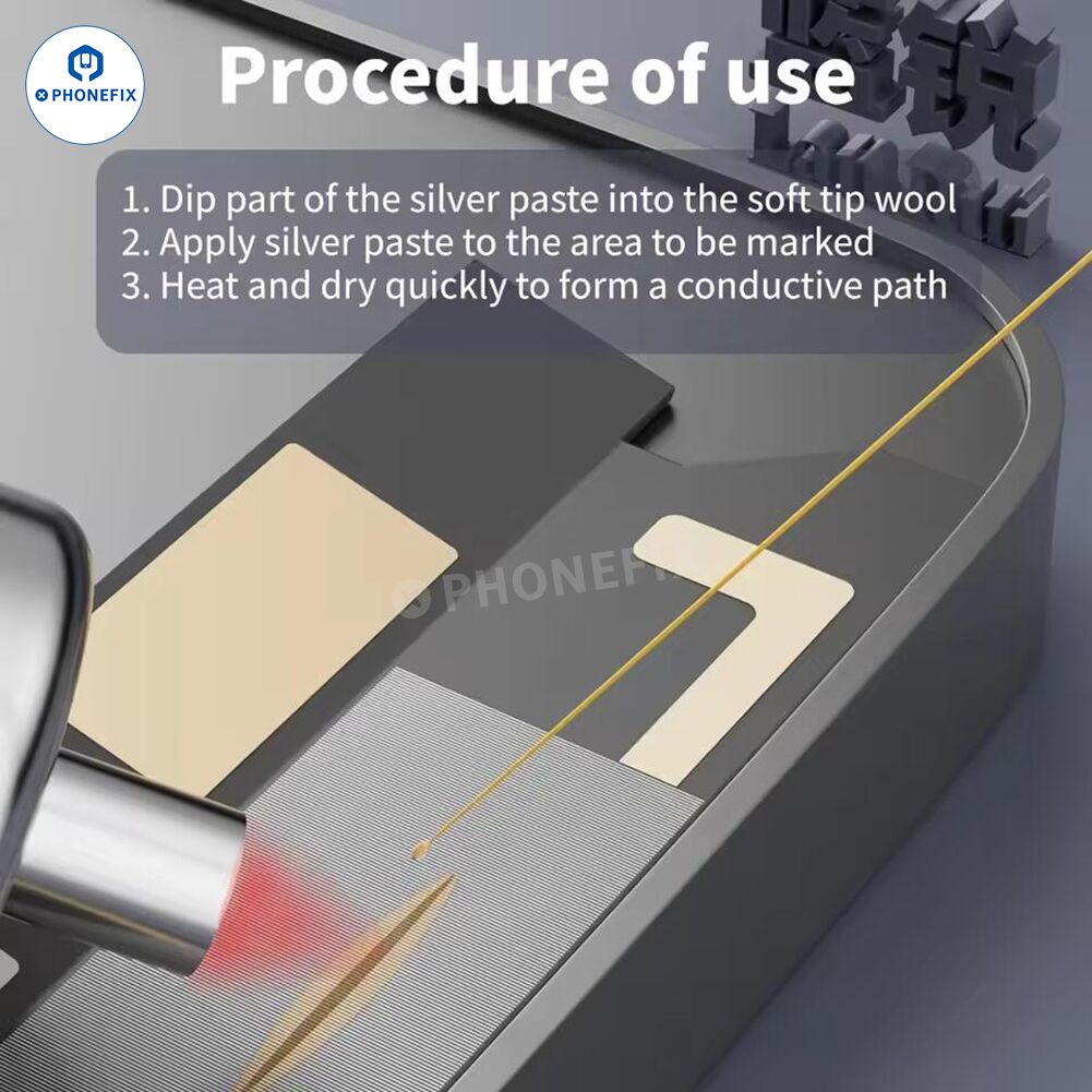 PhoneFIX nano conductive silver solder paste for iPhone screen flex circuit repair, shown in a small container.