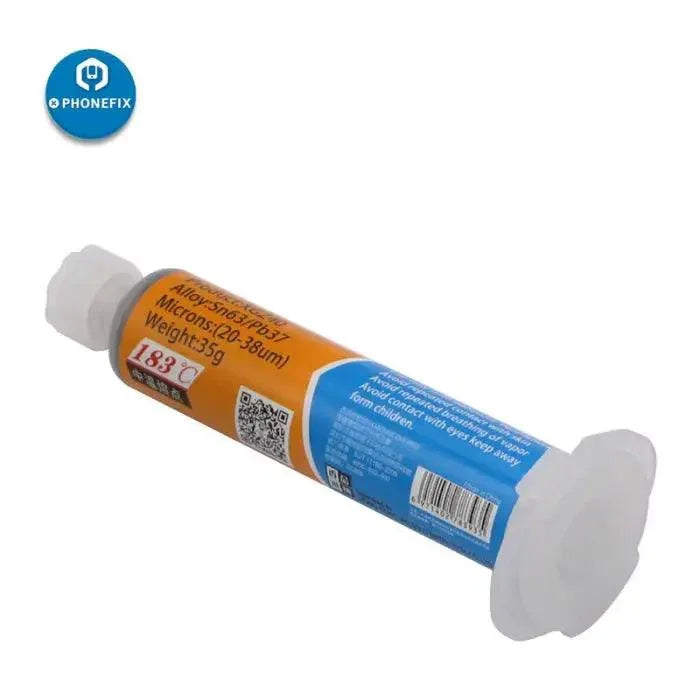 High synthetic solder paste flux by PHONEFIX, used for BGA repairs, shown in a tin container with a creamy texture.