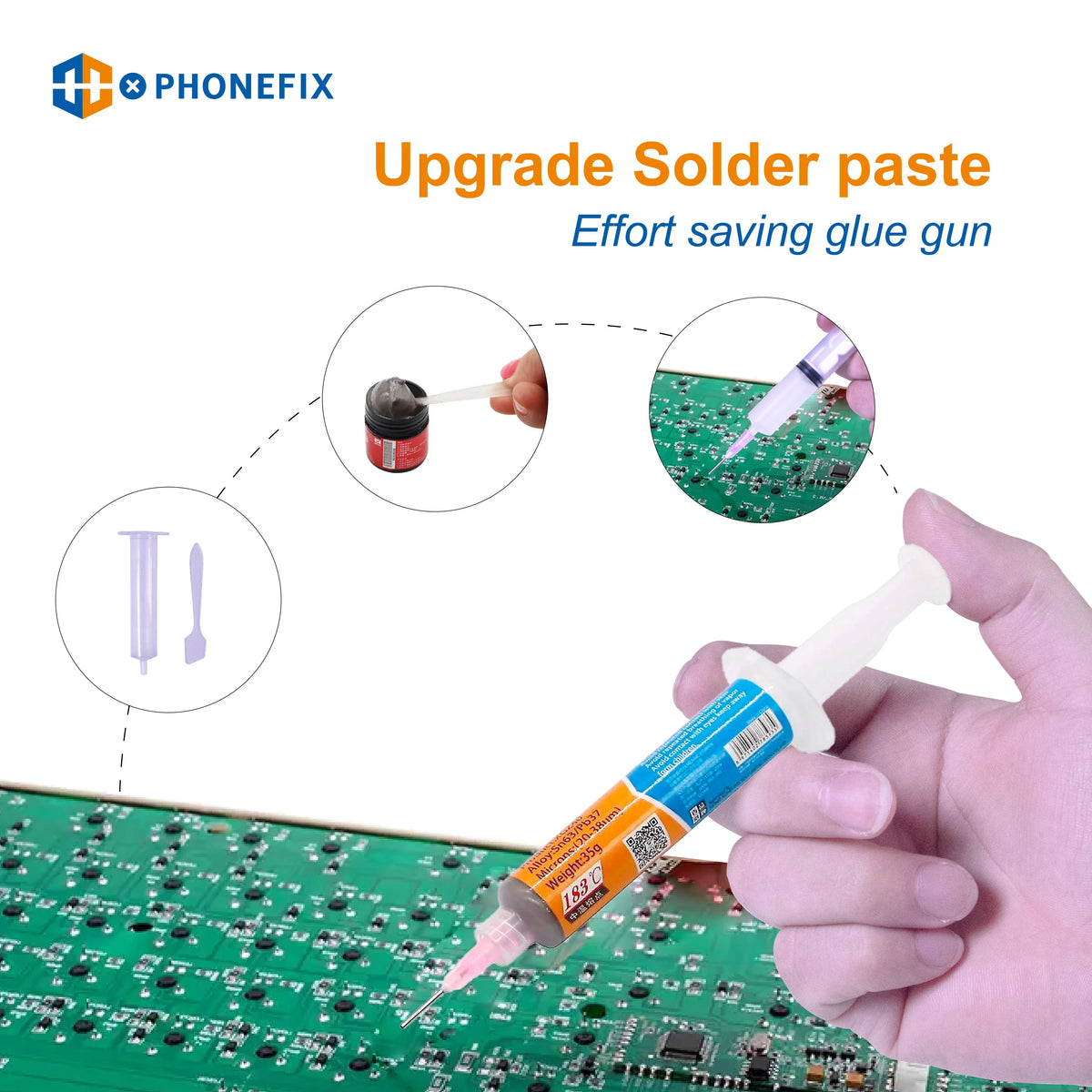 PhoneFix Mechanic XG-Z40 high synthetic solder paste flux BGA paint tin cream, close-up of application on electronic components.