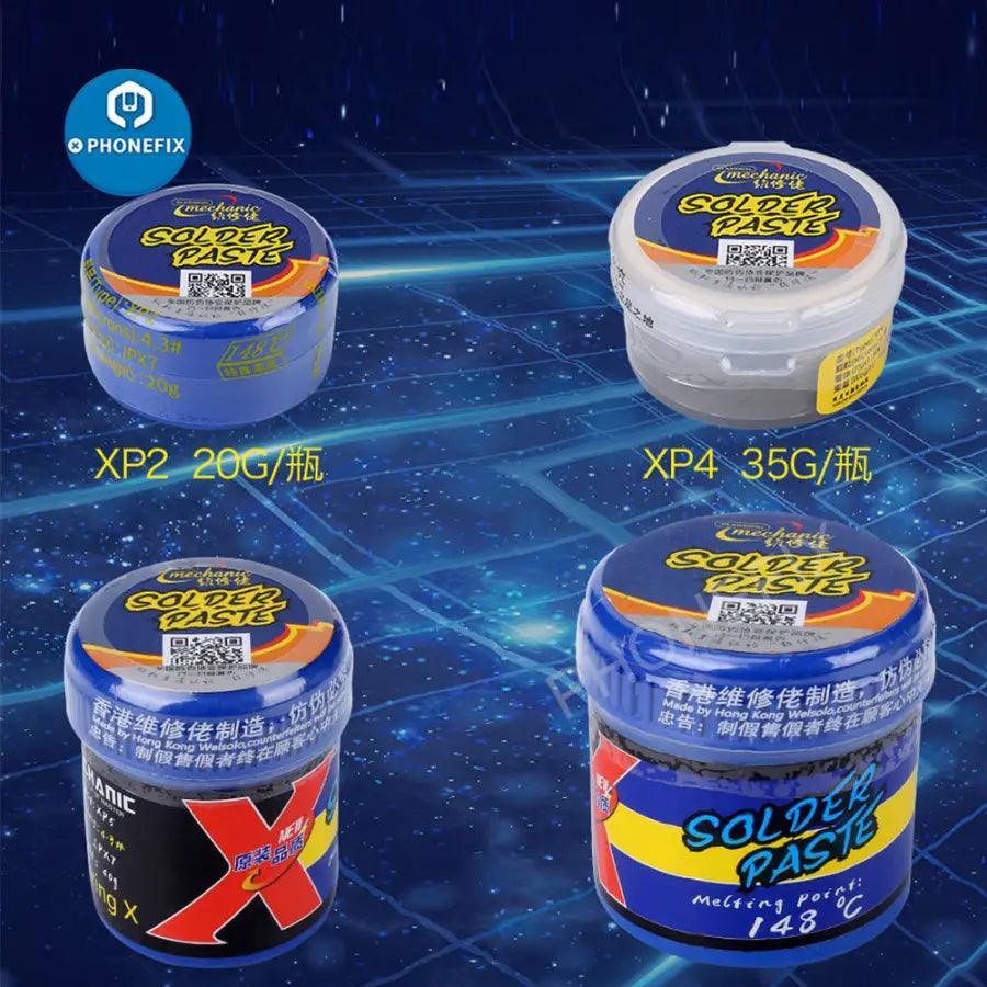 PhoneFix BGA solder flux paste used for soldering and welding BGA components, shown in a professional application image.
