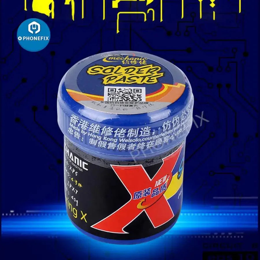 Pasta de soldadura especial PhoneFix Mechanic de 148 ℃ para iPhone X XR XS XS Max, utilizada para reparaciones electrónicas precisas en dispositivos Apple.