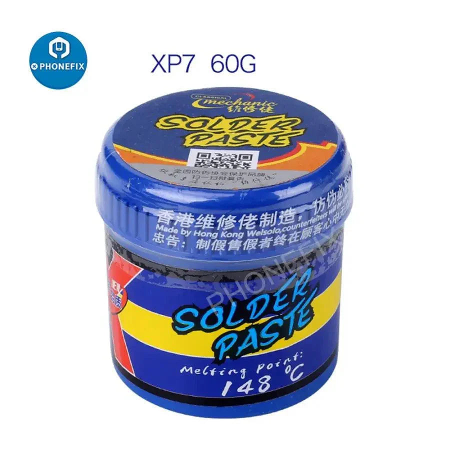 Pasta de soldadura especial Mechanic PHONEFIX de 148 ℃ para la reparación de iPhone X XR XS XS Max, que muestra un pequeño recipiente de pasta de soldadura.