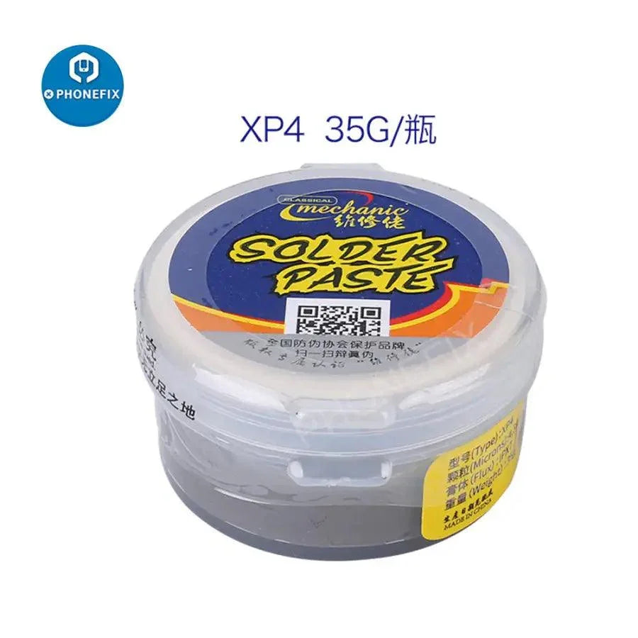 Pasta de soldadura especial Mechanic PHONEFIX de 148 ℃ para la reparación de iPhone X XR XS XS Max, presentada en un pequeño recipiente con herramientas de soldadura.