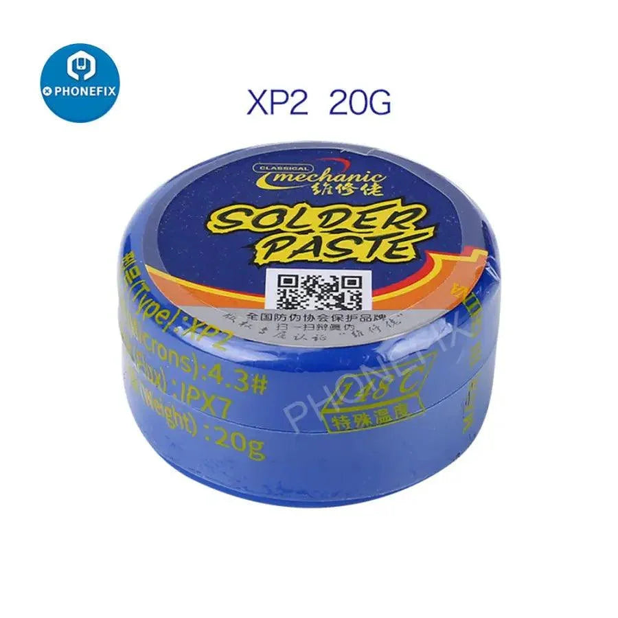 Pasta de soldadura especial Mechanic PHONEFIX de 148 ℃ para reparación de iPhone X XR XS XS Max, presentada en un pequeño envase con etiqueta del producto.