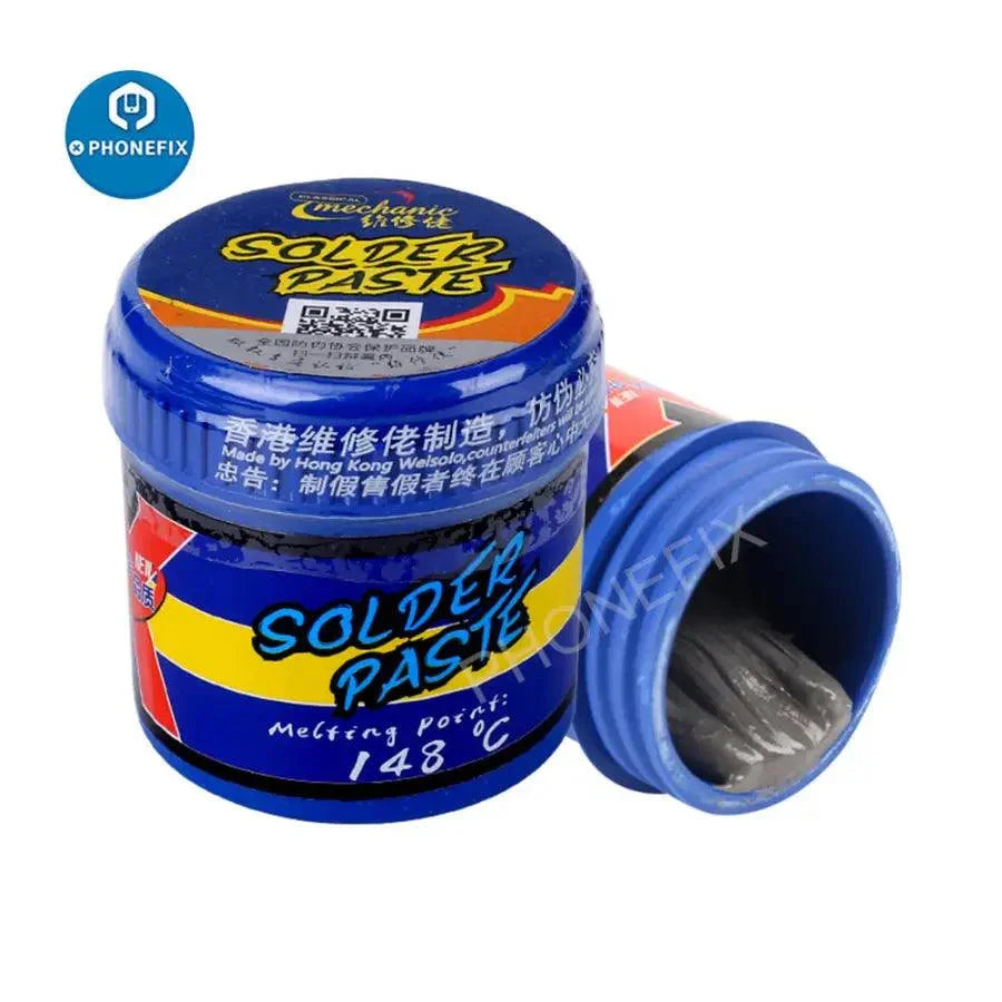 Pasta de soldadura especial Mechanic PHONEFIX de 148 ℃ para la reparación de iPhone X, XR, XS y XS Max; se muestra un pequeño envase de pasta de soldadura.