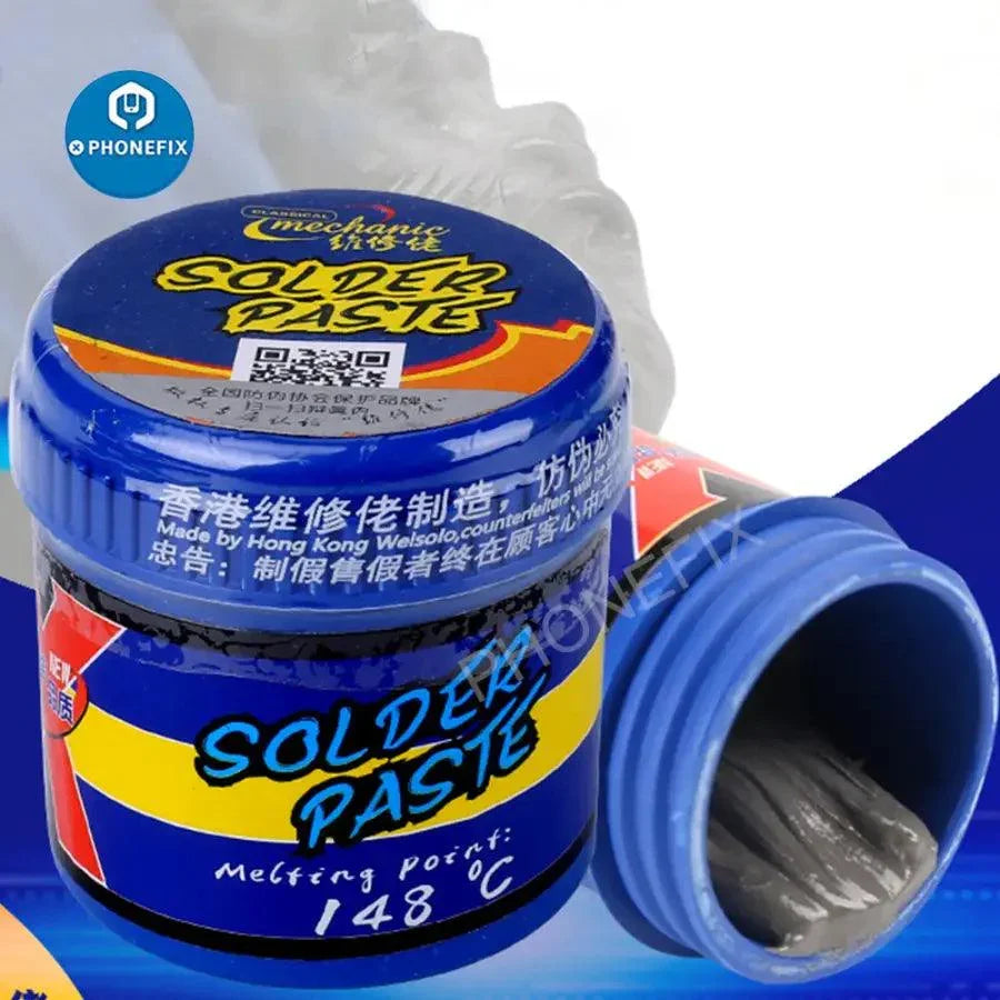 Pasta de soldadura especial Mechanic PHONEFIX de 148 ℃ para la reparación de iPhone X XR XS XS Max, que se muestra en un pequeño recipiente con herramientas de aplicación precisas.