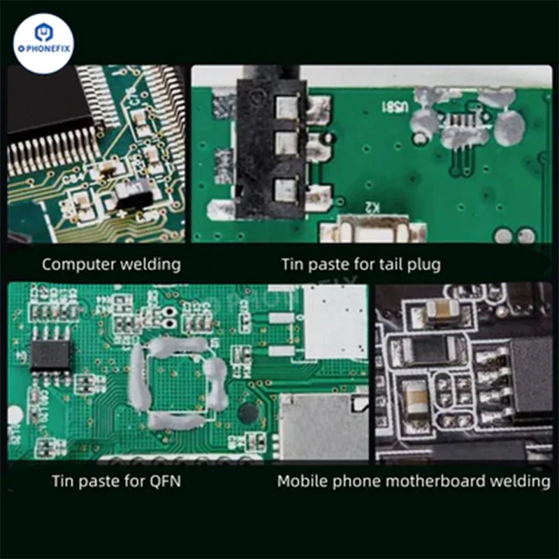 YCS solder paste syringe from PHONEFIX with flux for SMD, BGA repair, and reflow at 150/183/199°C on PCB.