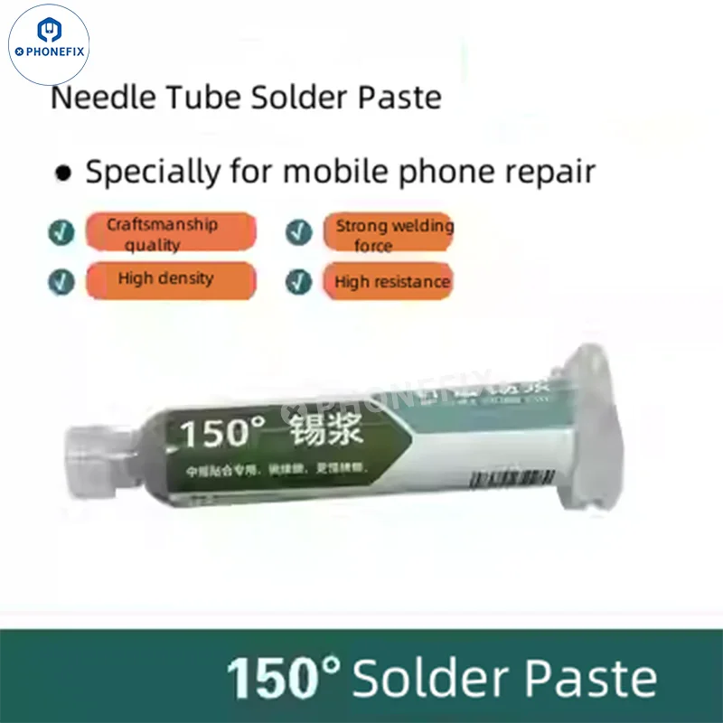 YCS Solder Paste syringe from PHONEFIX, with 150℃ melting point, used for SMD, PCB, BGA repair, and soldering applications.