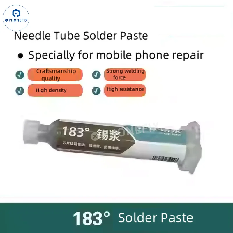 YCS solder paste syringe from PHONEFIX with 183℃ melting point, used for SMD, PCB, BGA repair applications