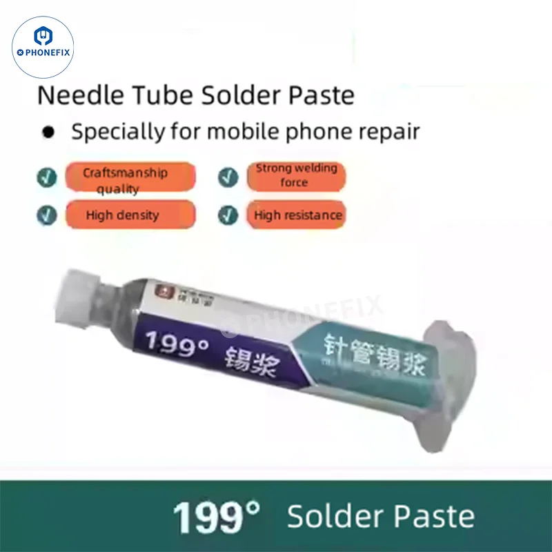 YCS solder paste syringe from PHONEFIX with 199°C melting point for SMD, PCB, BGA repair, showing the paste in a syringe applicator.
