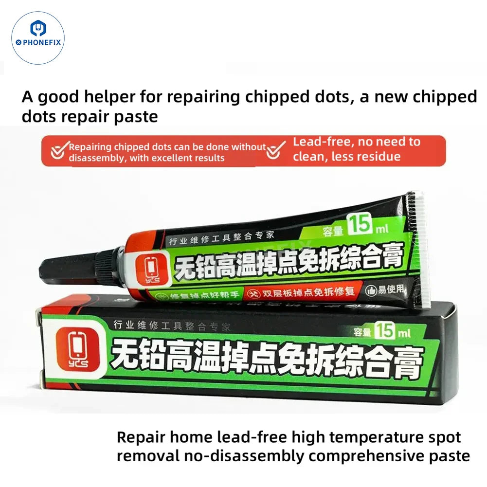 YCS lead-free halogen-free solder paste for phone PCB repair, showing the metallic, paste-like substance in a container.