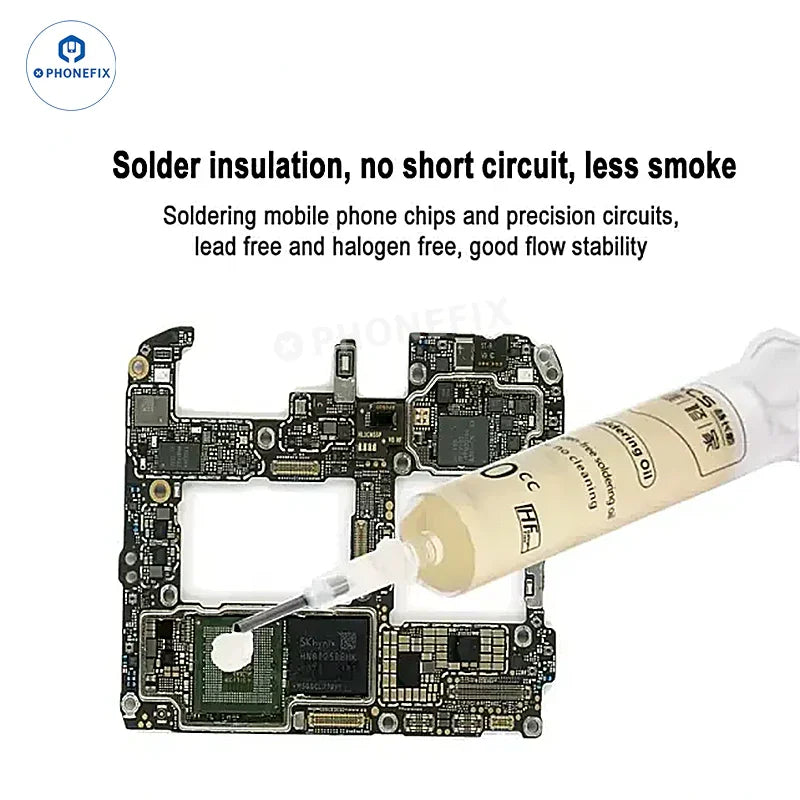 YCS lead-free solder paste by PHONEFIX, halogen-free flux for phone PCB repair, showing a container of solder paste and flux.