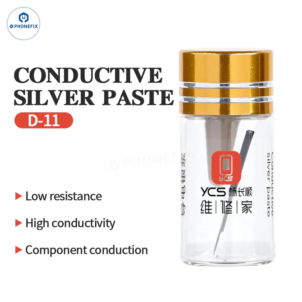 YCS D11 conductive silver solder paste by PHONEFIX, used for phone green/yellow screen repair, shown in a small container.