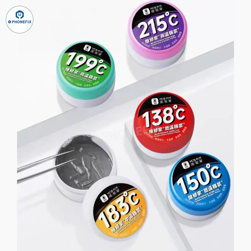 PhoneFix YCS Solder Paste for PCB BGA CPU, high-temperature tin planting flux in 138°C to 215°C variants.