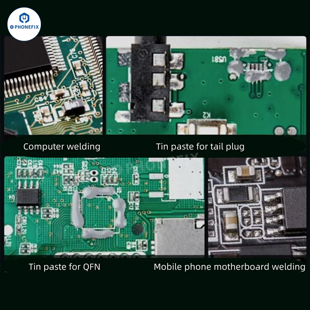 PHONEFIX YCS Solder Paste PCB BGA CPU Tin Planting Flux in various melting points, used for precise soldering and PCB assembly.