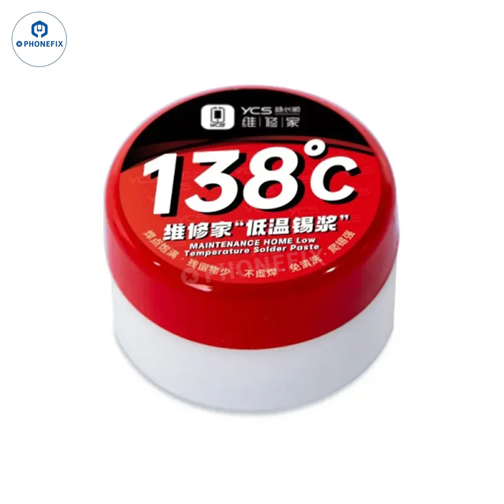 PhoneFix YCS solder paste for PCB BGA and CPU assembly, featuring tin planting flux at 138°C for effective soldering.
