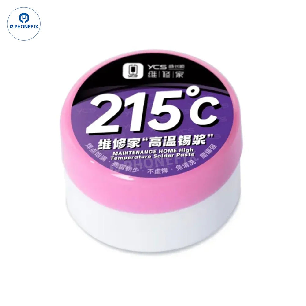 YCS solder paste from PHONEFIX, used for PCB BGA CPU tin planting, showing a container of solder paste at 215°C in the image.
