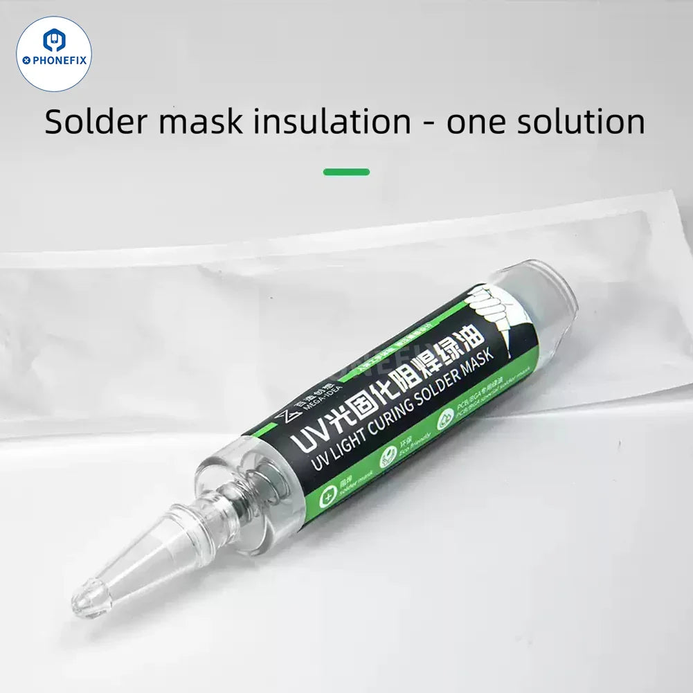 Aceite verde para lámparas de curado UV YCS, utilizado con pasta de soldadura PHONEFIX para un secado rápido y aplicación de fundente para soldadura.