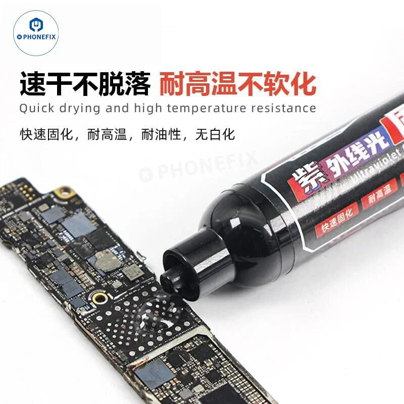 La lámpara de curado UV PhoneFix YCS se utiliza con fundente de soldadura de aceite verde y pasta de soldadura de secado rápido para reparaciones electrónicas precisas.