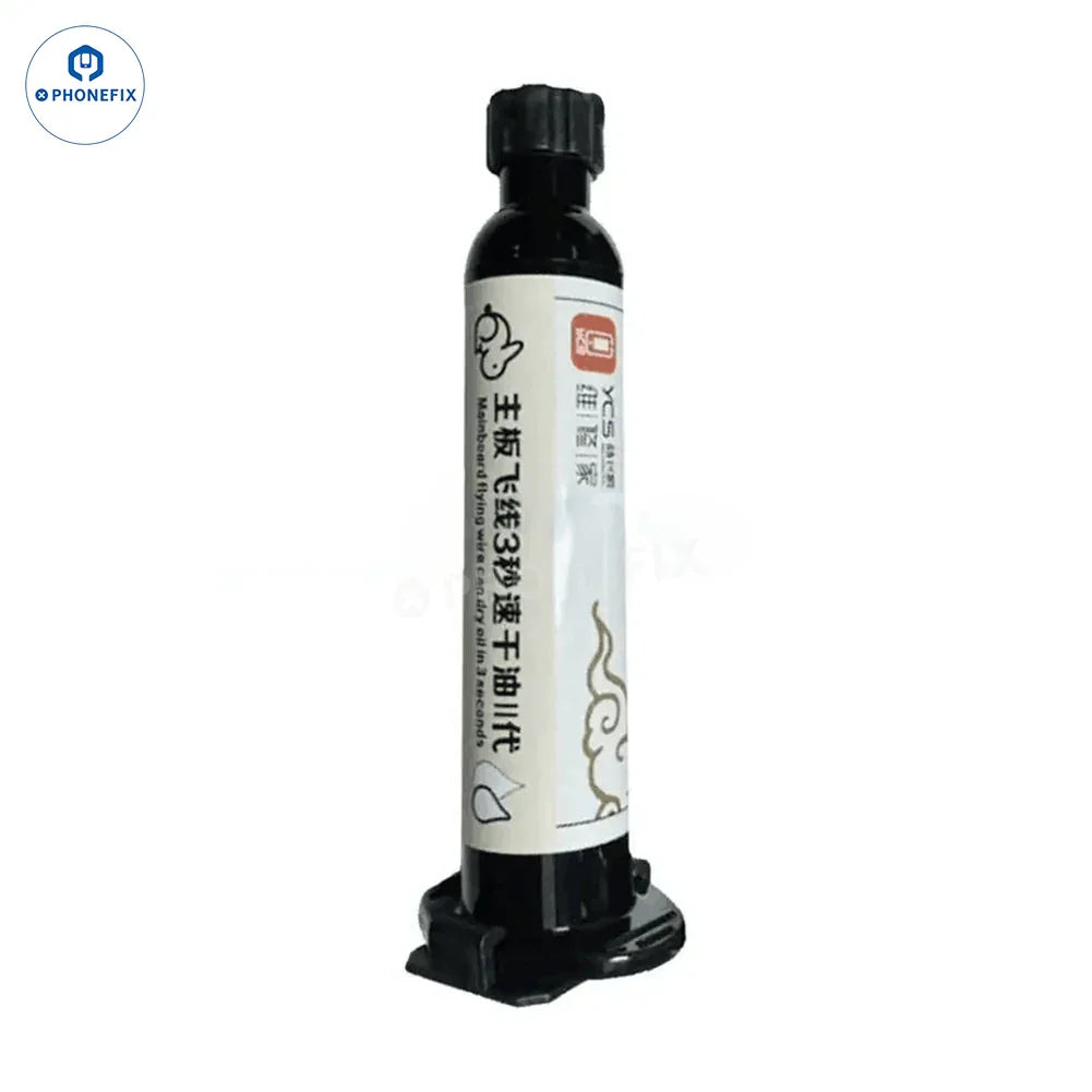 Lámpara de curado UV PhoneFix YCS con aceite verde para el secado rápido de fundente y pegamento de soldadura, utilizada en procesos de reparación y soldadura de componentes electrónicos.