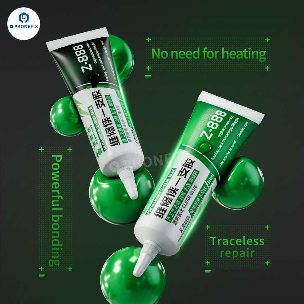 PhoneFix Repairman Z-888 Z-999 glue solder paste for phone frame back cover caulking and adhesion, transparent appearance.