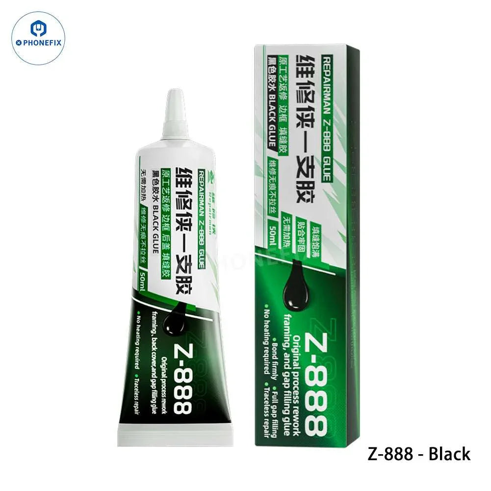 PhoneFix Z-888 Z-999 solder paste for phone frame back cover repair, transparent caulking adhesive for phone repairs.