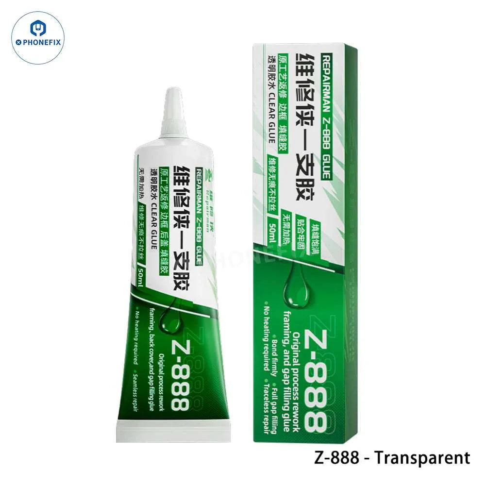 PhoneFix Repairman Z-888 Z-999 solder paste adhesive for phone frame back cover caulking and repair, transparent and easy to apply.