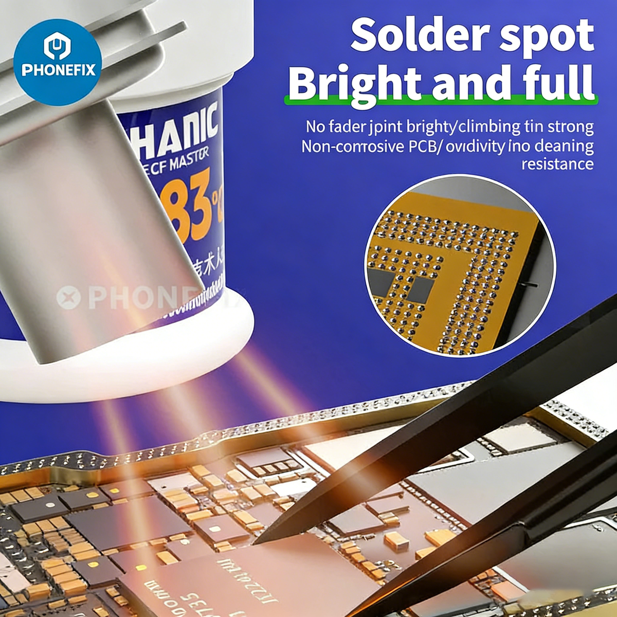 PHONEFIX mechanic solder paste for CPU and motherboard welding, showing a close-up of the solder paste applied on electronic components.