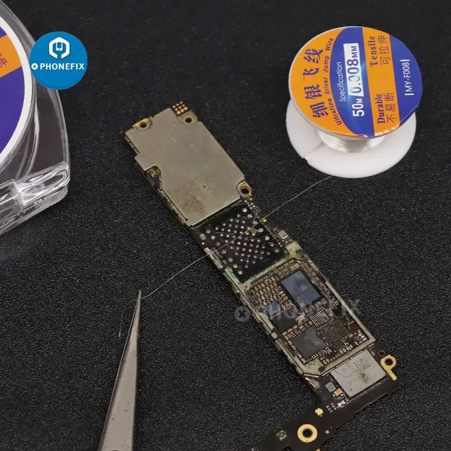 Ultrafine silver solder wire for phone fingerprint welding, PHONEFIX MY-F008 Jump Wire, used for precise electronic repairs.