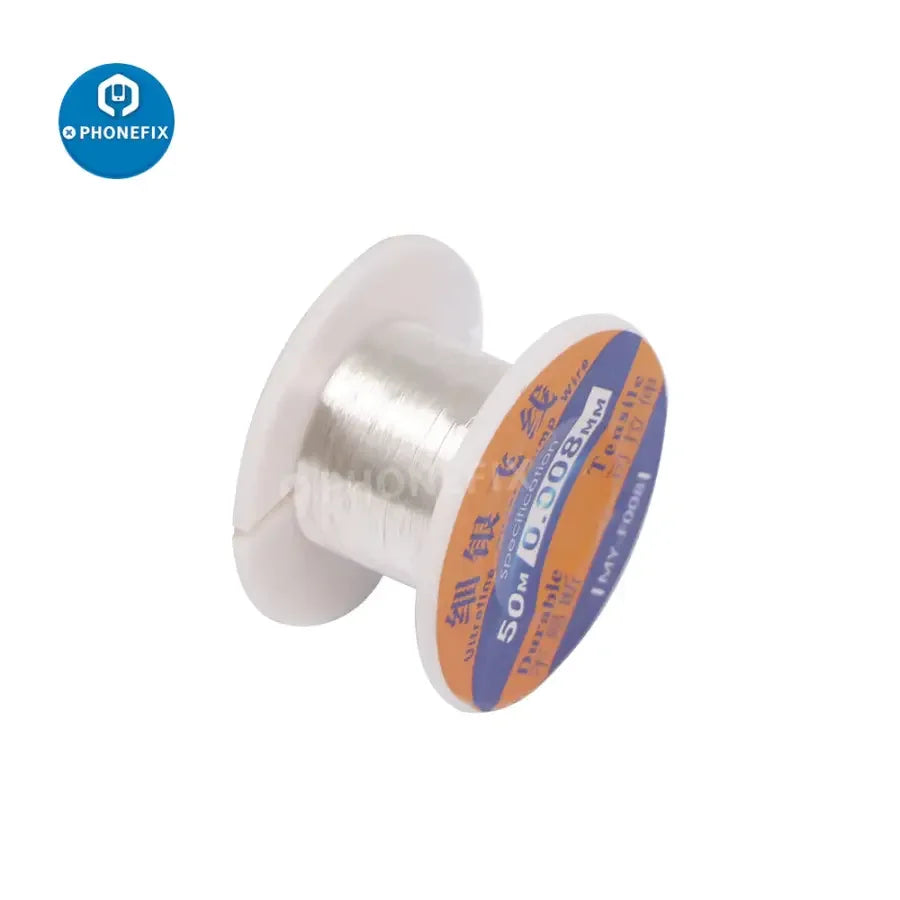 Ultrafine silver solder jump wire for PCB repair by PHONEFIX, 0.08mm thickness, 50m length, ideal for electronic soldering projects.