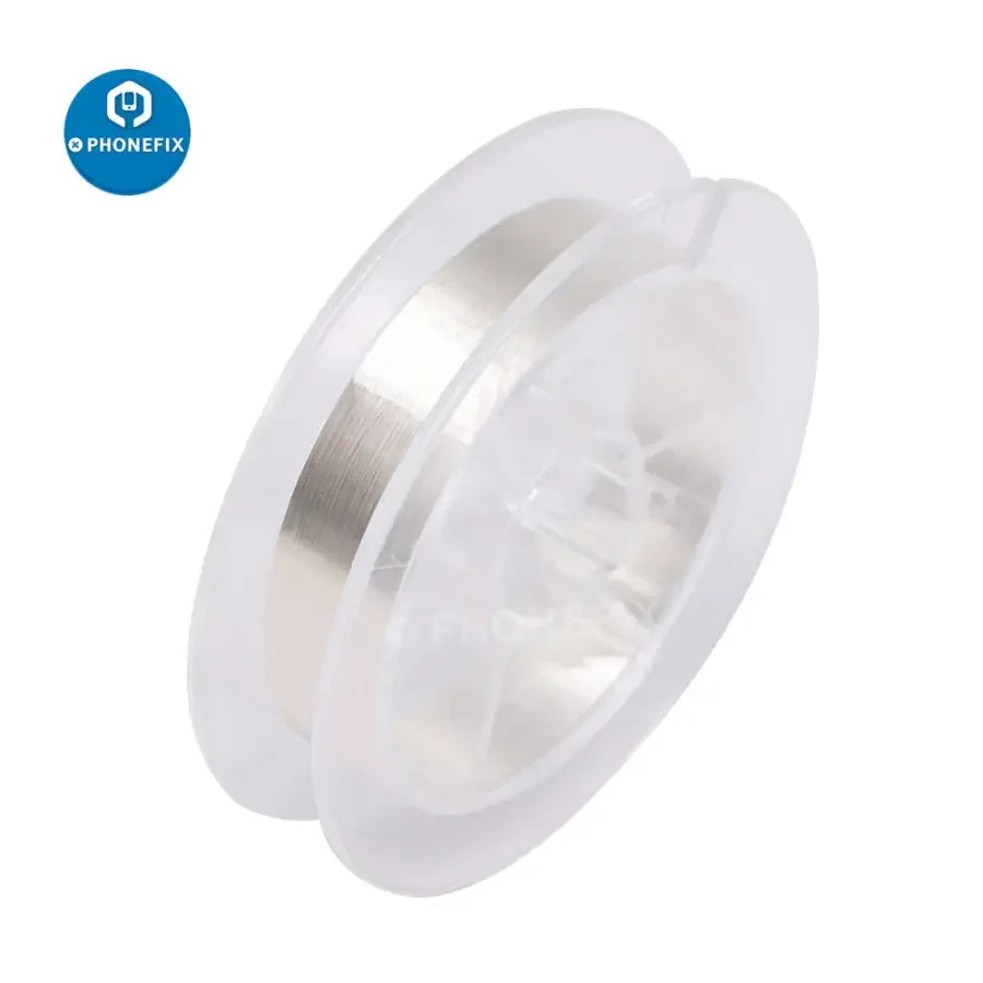 Ultrafine silver solder wire jump wire from PHONEFIX, 0.08mm thick, 50m length for PCB repair and electronic soldering applications.