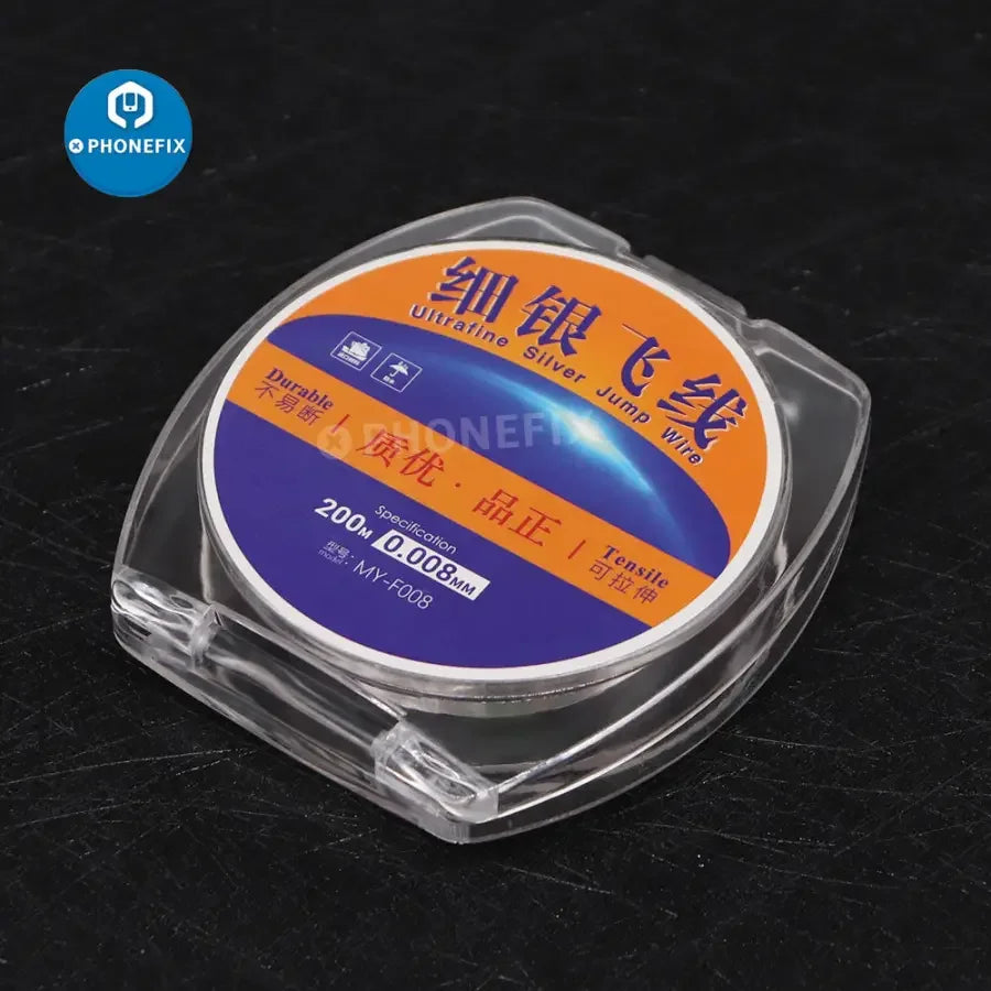 Ultrafine silver solder wire jump wire for PCB repair, 0.08mm thick, PHONEFIX brand, 50m length, ideal for electronic soldering.