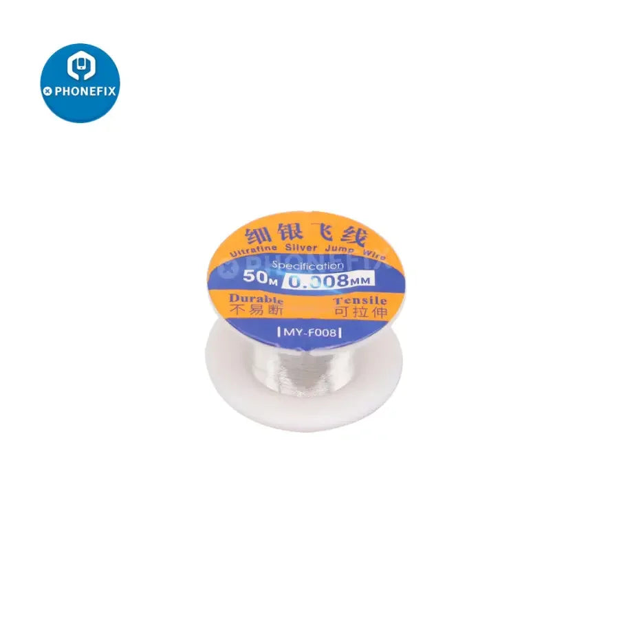 Ultrafine silver solder wire jump wire for PCB repair, 0.08mm thickness, PHONEFIX brand, 50m length for electronic circuit repairs.
