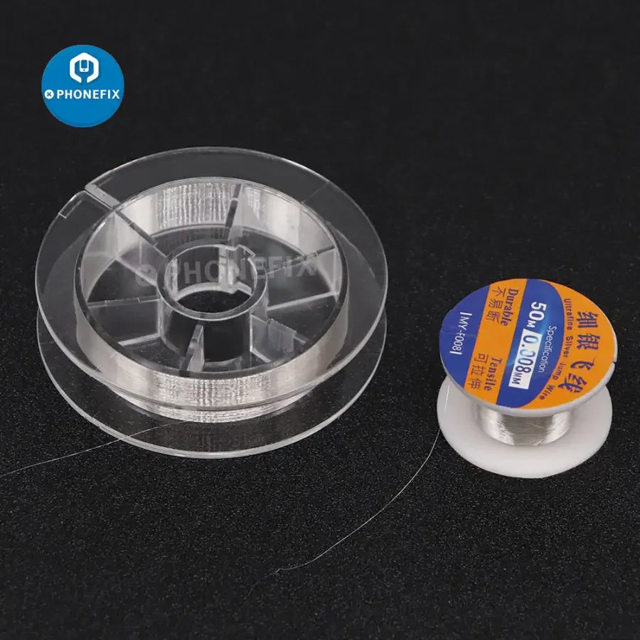 Ultrafine silver solder wire jump wire for PCB repair, 0.08mm thickness, PHONEFIX brand, 50m length, ideal for electronic repairs.