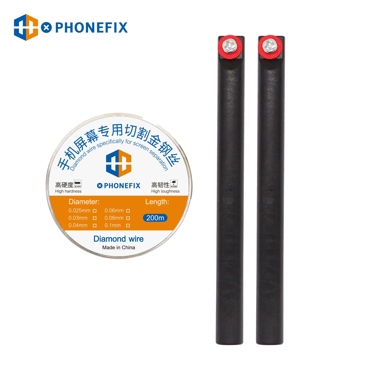 PHONEFIX high tenacity 200m solder wire with special diamond cutting wire, 0.025mm thick, designed for precise electrical work.