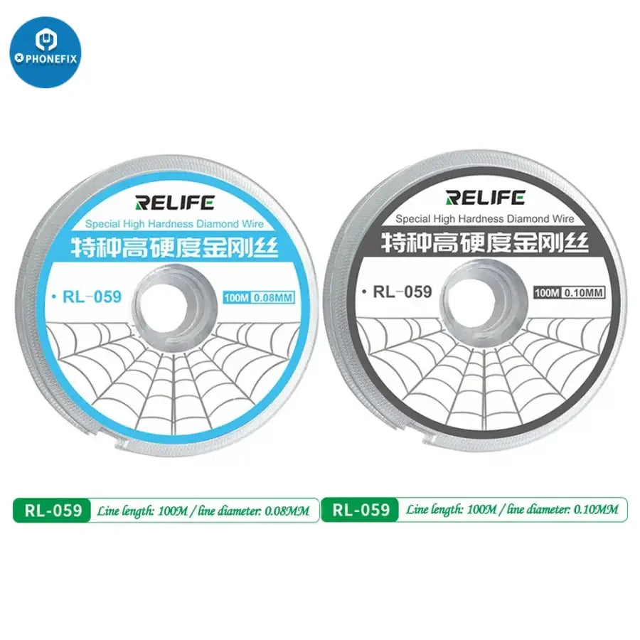 PhoneFix RELIFE RL-059 high hardness solder wire for LCD screen separation, 0.03-0.08mm thickness, used for precise screen repair.