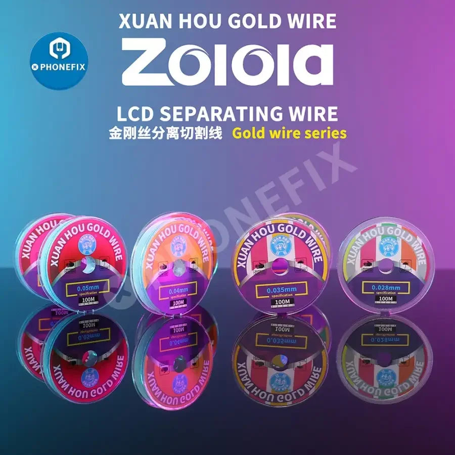 Gold solder wire for separating LCD and OLED phone screens, 100M cutting line by PHONEFIX for precise electronic repairs.