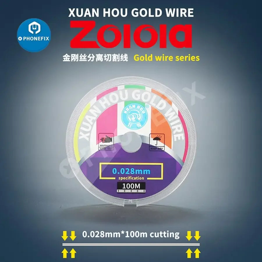 Gold solder wire for phone screen separation, 100M cutting line for LCD and OLED screens by PHONEFIX, used for precise phone repair.
