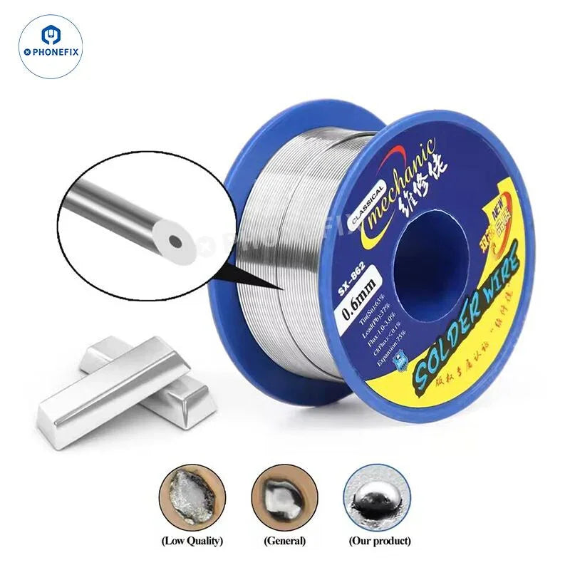 Phonefix Mechanic SX-862 dual core tin wire solder lead for electrical board soldering, shown in a close-up image.