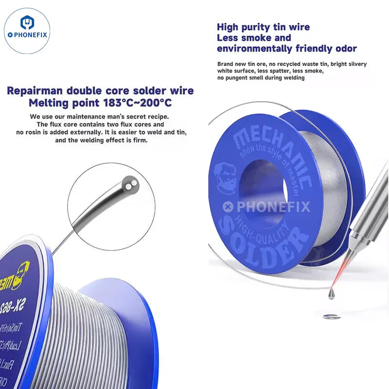 Mechanic SX-862 dual core tin solder wire for electrical board soldering, featuring PHONEFIX branding and natural silver finish.