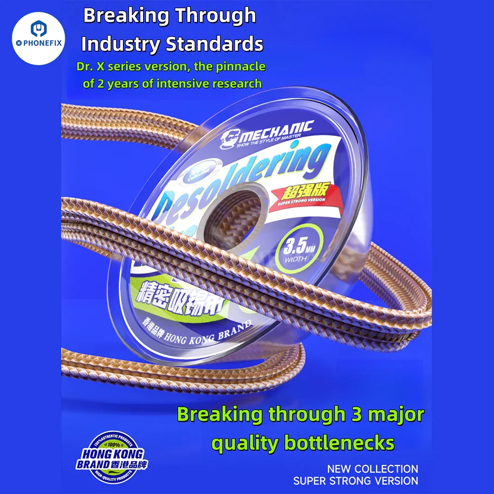 Phonefix MECHANIC Dr.X Pro desoldering wick solder wire for PCB tin removal, with copper braid for electronics repair cleaning.